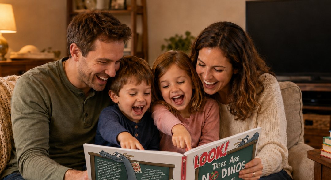 Parents and two kids laughing together over a book on the couch