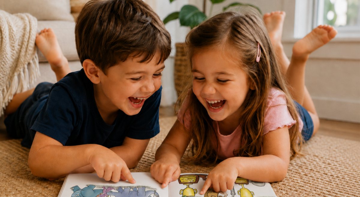 Two kids laughing at an open copy of Look! There Are No Dinos Inside Of This Book