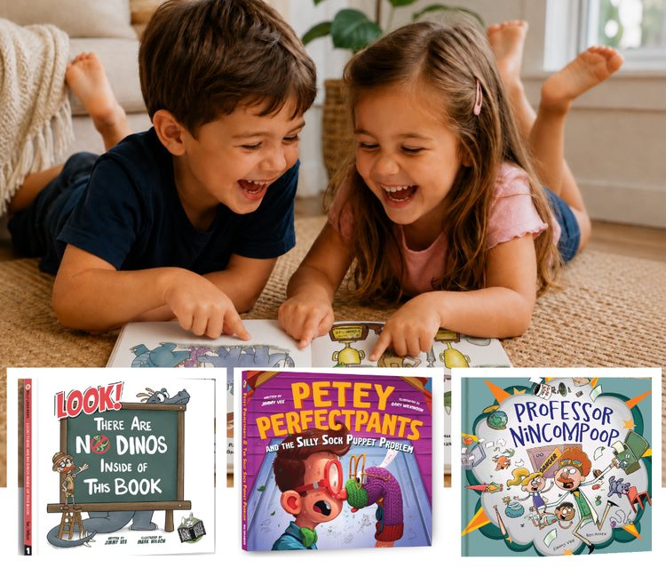 Two kids lying on the floor laughing at an open copy of Look! There Are No Dinos Inside Of This Book, with all three hardcovers below